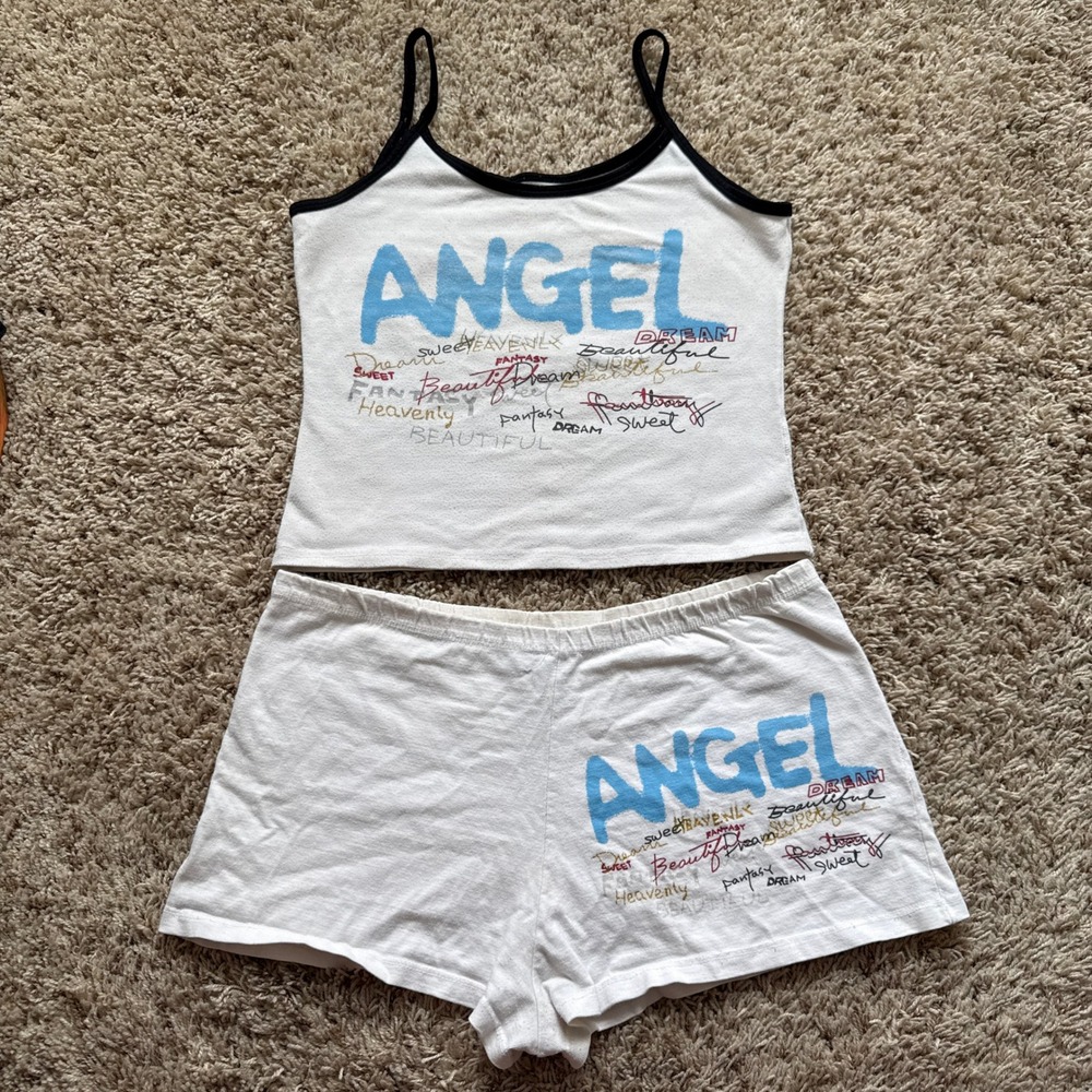 London Flag Vintage Y2K Angel Graphic Cami and Shorts Pajama Set White Large